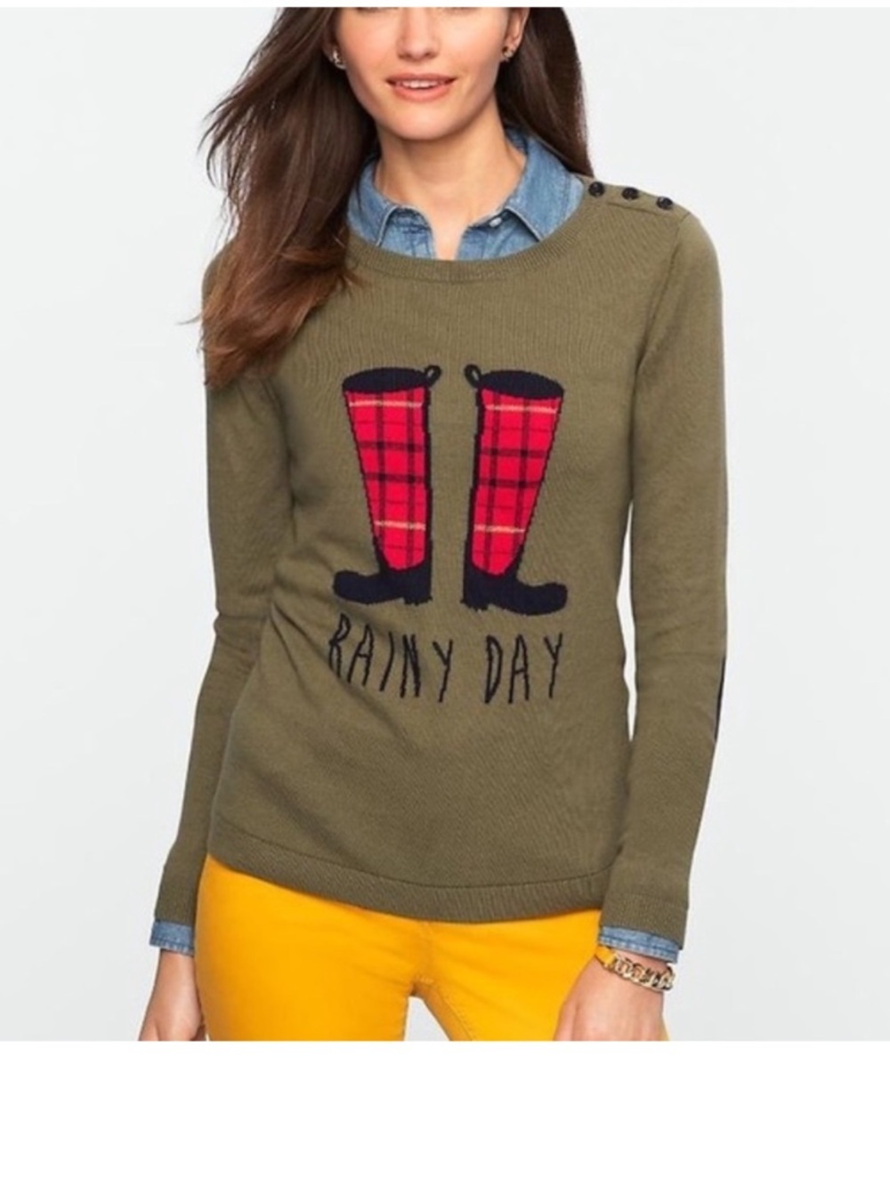 Talbots Rainy Day Rain Boots Graphic Sweater XL Petite Olive Green